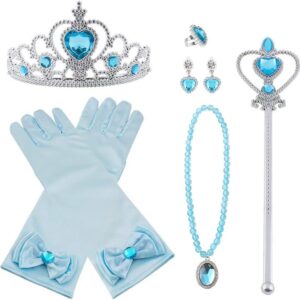 Vicloon Elsa Dress Up Accessories Set of 9, Elsa Gloves, Princess Crown, Ring, Earring, Magic Wand and Necklace (Blue)
