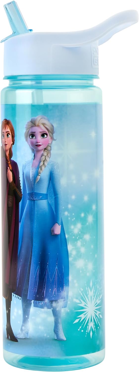 Disney Frozen Sparkle Water Bottle Flip Up Straw 600ml – Official Merchandise Kids Reusable Non Spill - BPA Free - Recyclable Plastic - Ideal For School Nursery Sports Picnic