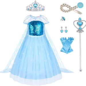 URAQT Elsa Dress, Elsa Costume with Elsa Crown Wand Gloves and Tiara, Snow Queen Princess Costumes with Elsa Dress Up Accessories for Girls, Kids Fancy Dress for Carnival Party Halloween Cosplay
