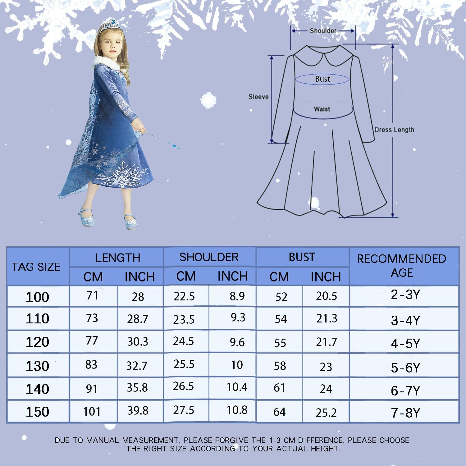 Gridamea Elsa Dress Up for Girls-Frozen Princess Costume for Kids with Crown and Wand for Party/Cosplay/Wedding - Image 7