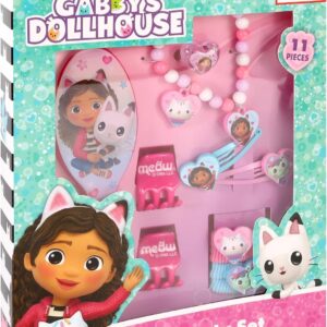 TDL 11pc Gabbys Dollhouse Beauty Set Girls Jewellery & Hair Accessories Kit Pink Gift Set Dress Up Hairbrush Bracelets Scrunchies Charms
