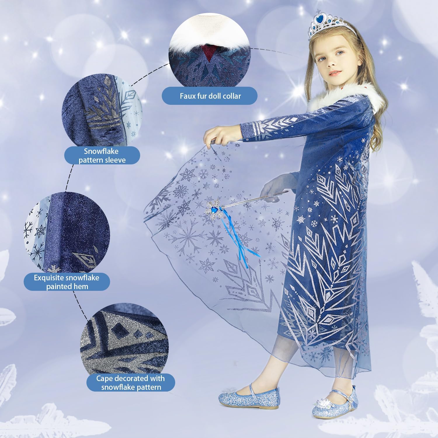 Gridamea Elsa Dress Up for Girls-Frozen Princess Costume for Kids with Crown and Wand for Party/Cosplay/Wedding - Image 2