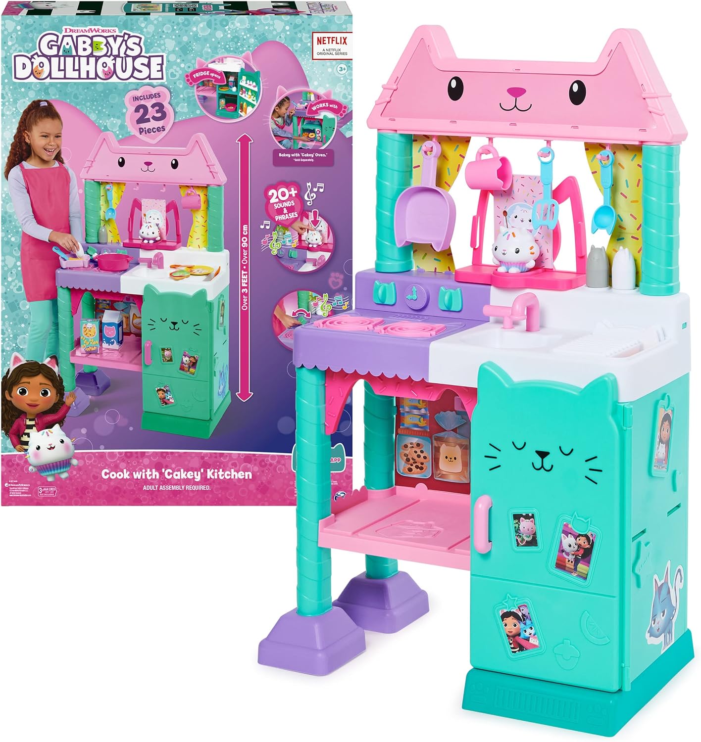 Gabby’s Dollhouse, Cakey Kitchen Set for Kids with Play Kitchen Accessories, Play Food, Sounds, Music and Kids’ Toys for Girls and Boys Aged 3 and up