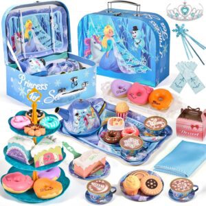 Kids Tea Set for Girls Frozen Toys 49Pcs Frozen Elsa Tin Tea Party Set & Luxury Food Playset & Carry Case Princess Tea Time Kitchen Pretend Play Toys Princess Gift for Toddlers Girls 3 4 5 6 7 Years